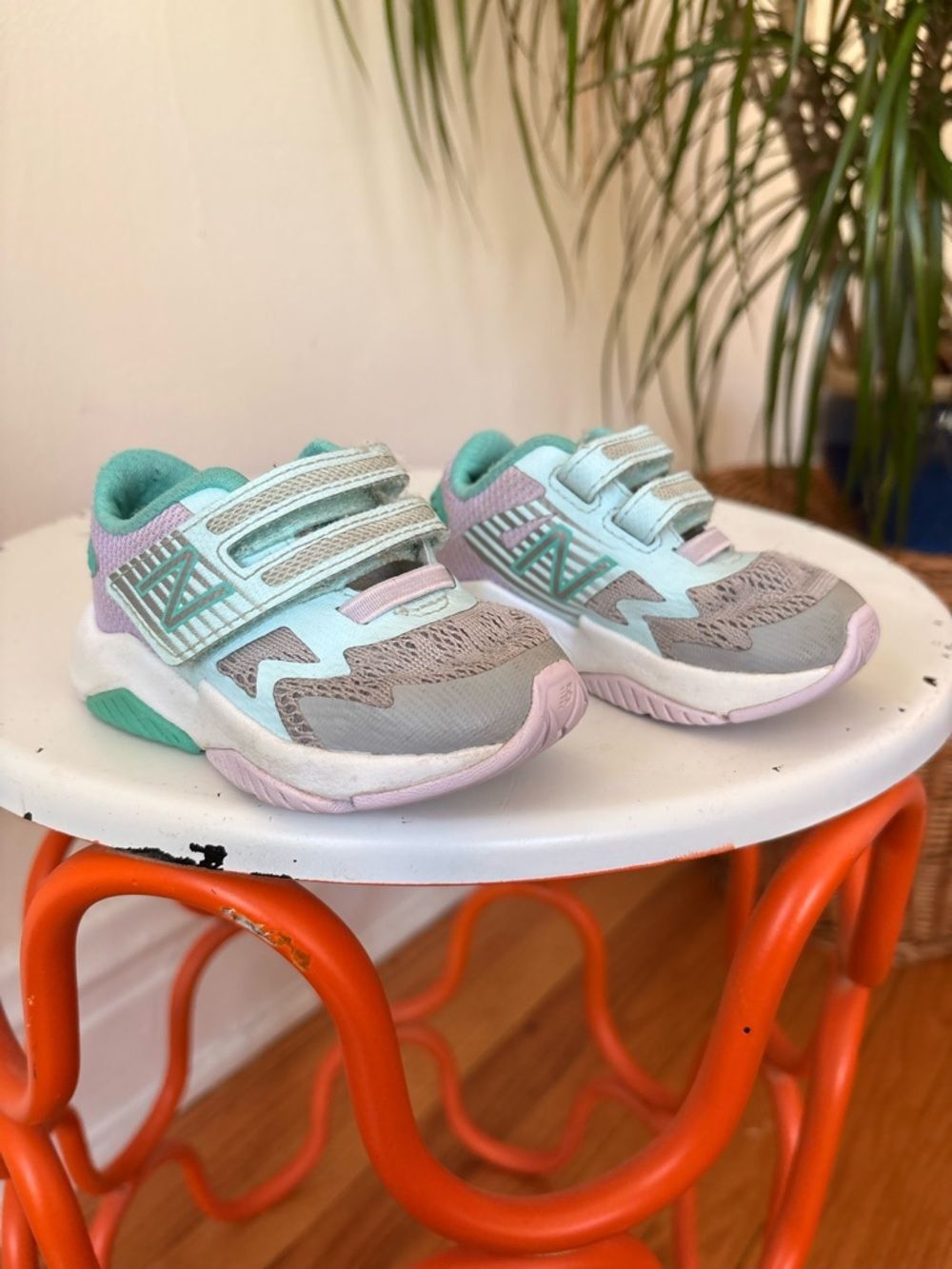 New Balance Kids Gray, Mint & Light Pink Velcro Sneakers